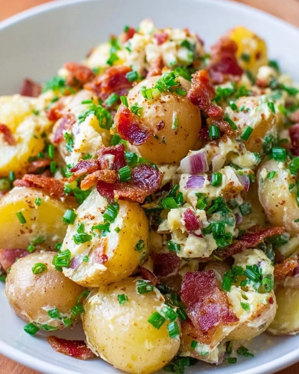 Delicious potato salad with crispy bacon garnish
