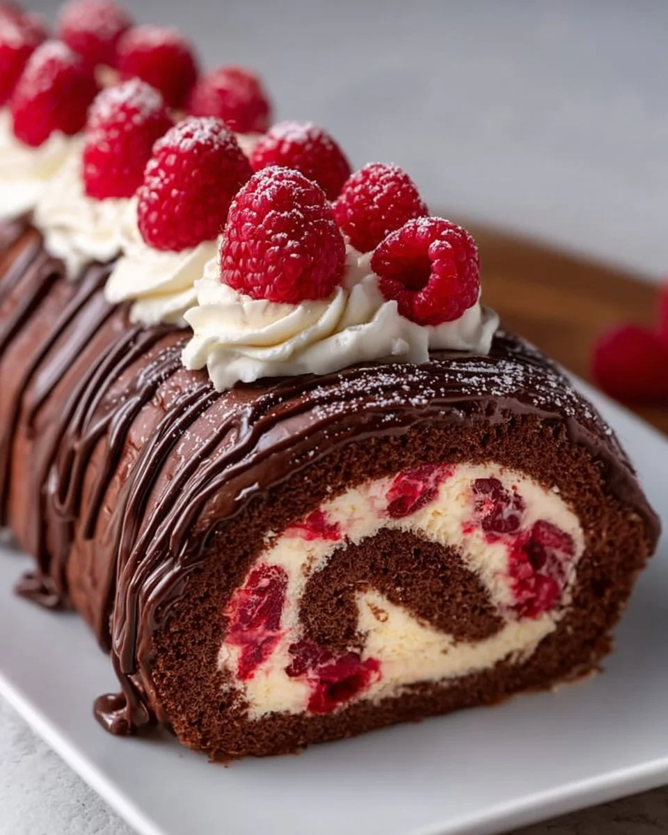 Raspberry Chocolate Roll Cake with rich chocolate and fresh raspberries