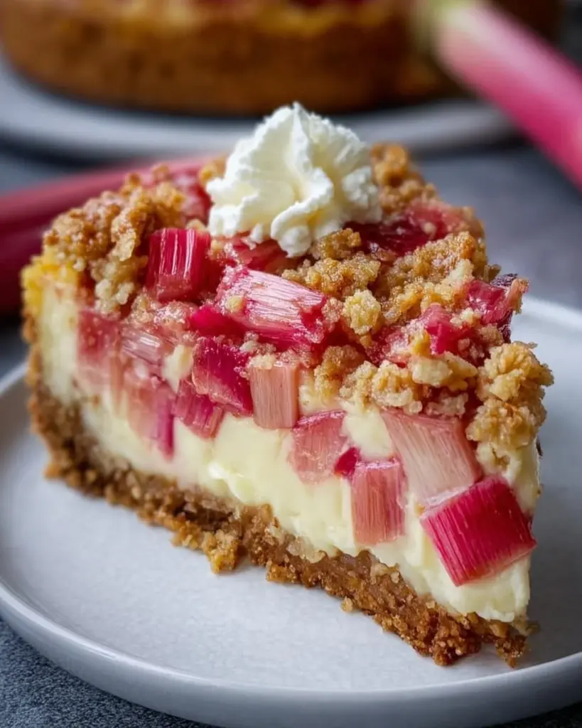 Delicious rhubarb crumble cheesecake with creamy filling and crunchy topping