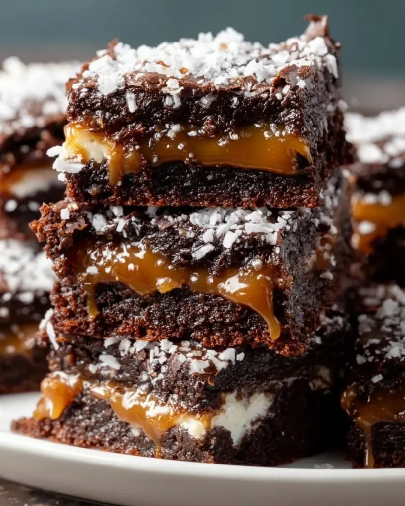 Delicious Samoa Brownies topped with coconut and caramel