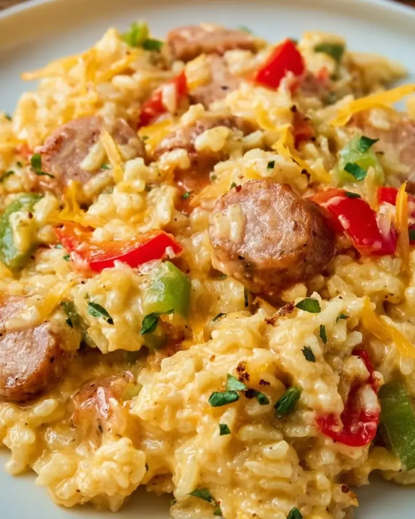 A delicious plate of Sausage and Cheesy Rice with melted cheese on top.