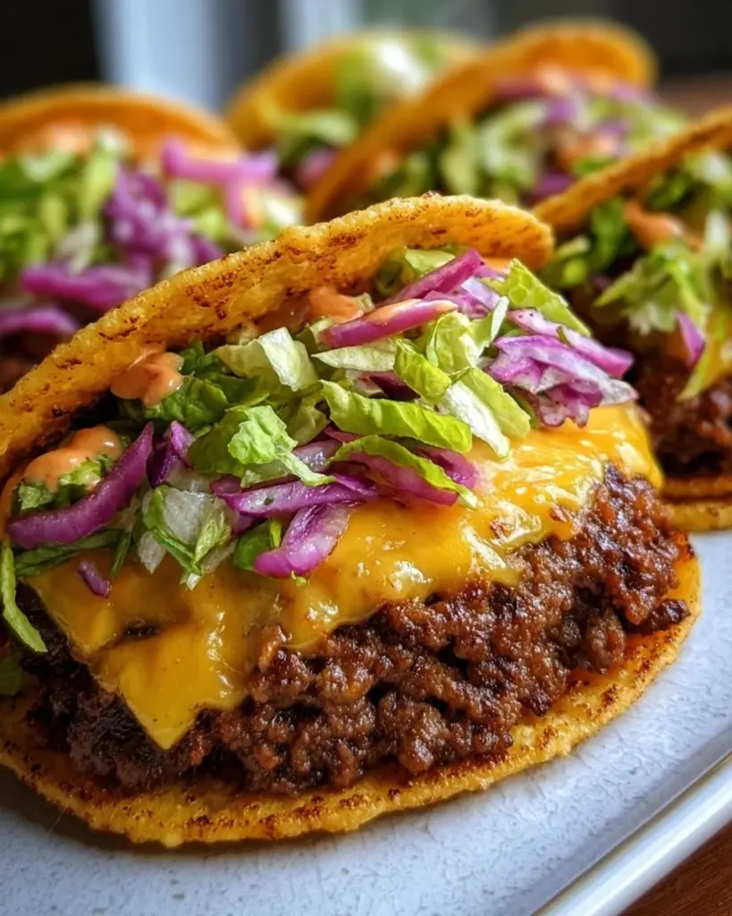 Smash burger tacos with juicy beef and fresh toppings in a crispy shell