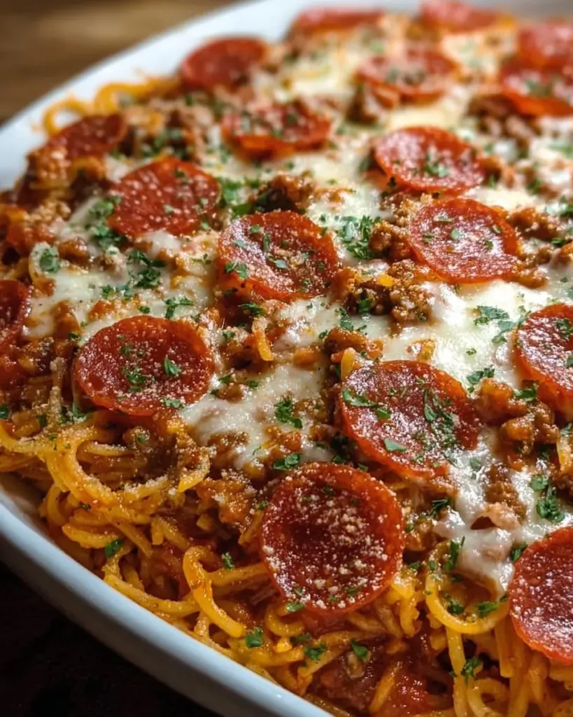 Baked Spaghetti Pizza Casserole with melted cheese and pepperoni on top.