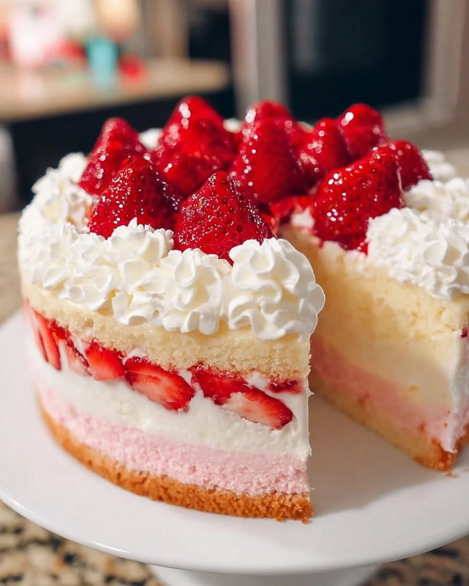 Strawberries and Cream Cheesecake Cake topped with fresh strawberries and cream