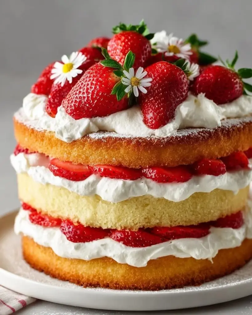 Delicious strawberry shortcake cake topped with fresh strawberries and whipped cream