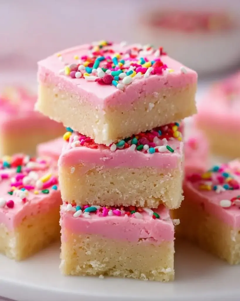 Delicious homemade sugar cookie bars topped with icing and sprinkles.