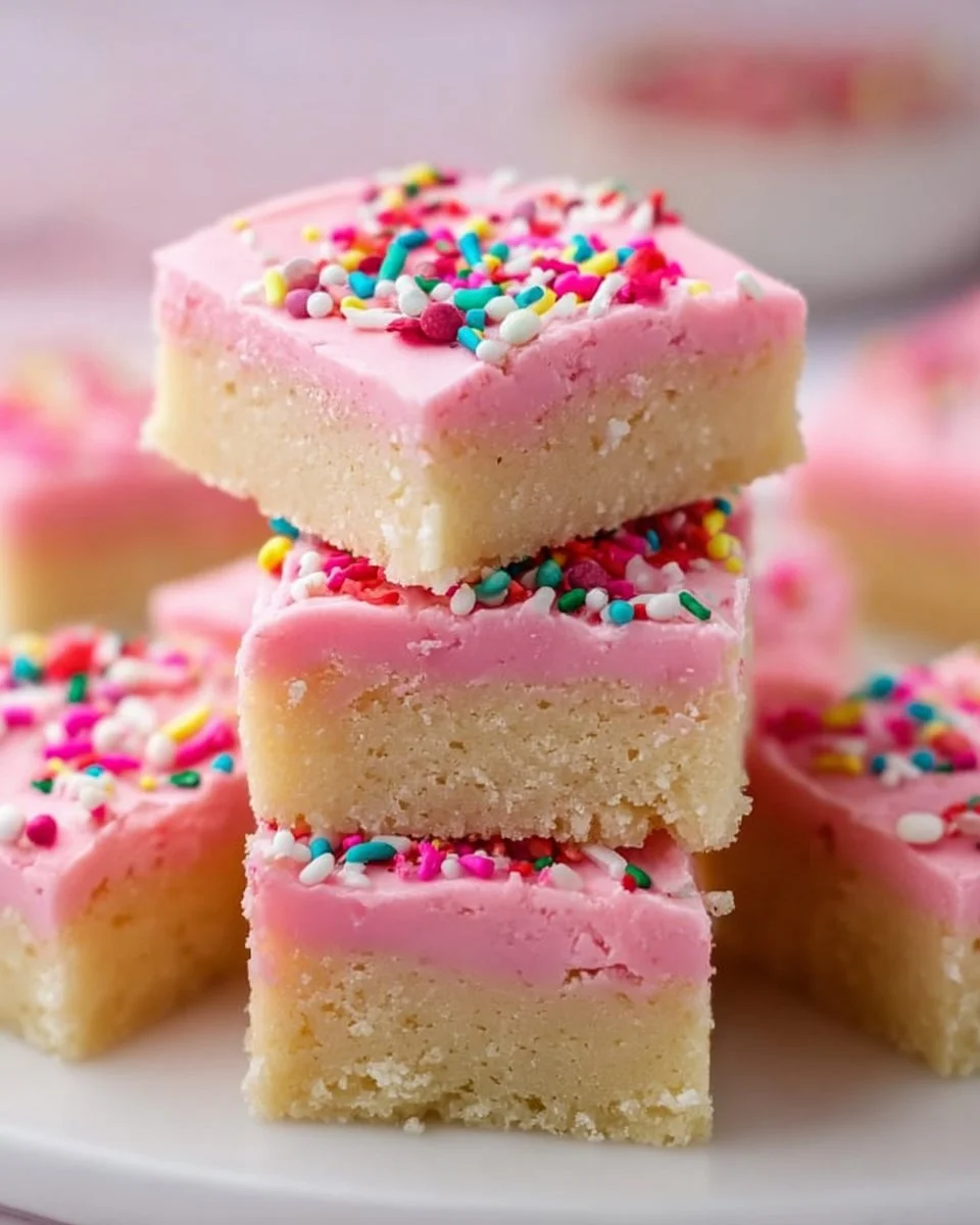 Delicious homemade sugar cookie bars topped with icing and sprinkles.