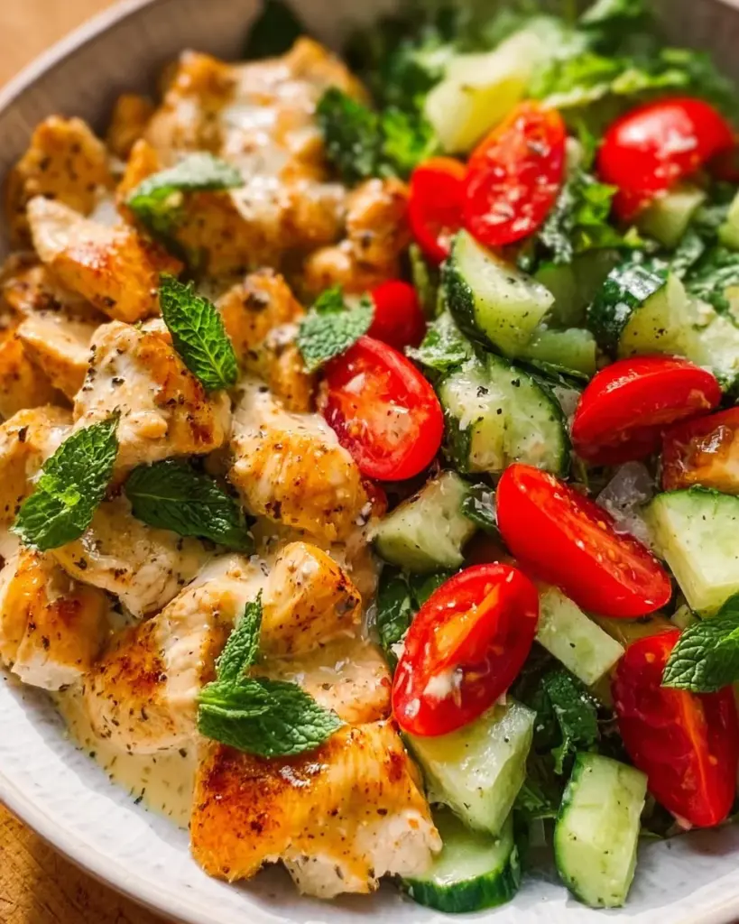 Delicious summer chicken salad with tahini dressing and fresh vegetables