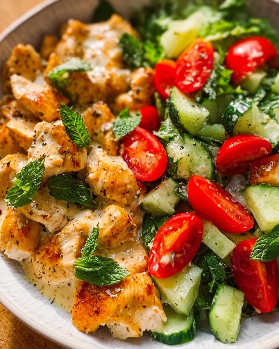Delicious summer chicken salad with tahini dressing and fresh vegetables