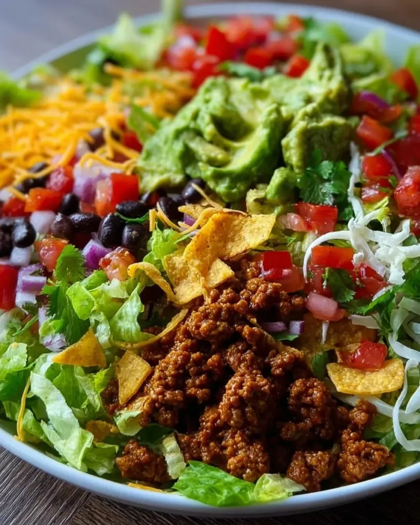 A colorful taco salad with fresh ingredients and toppings in a bowl.