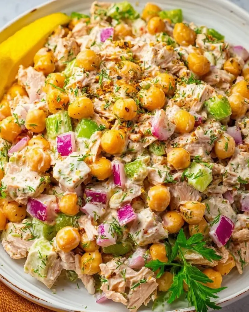 Delicious Tuna Chickpea Salad with fresh vegetables and dressing