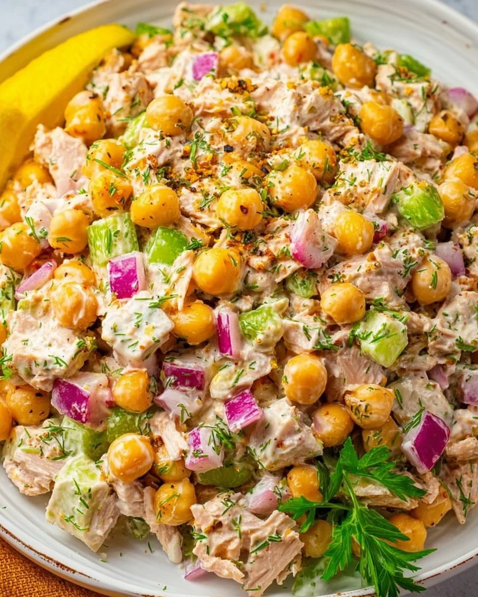 Delicious Tuna Chickpea Salad with fresh vegetables and dressing