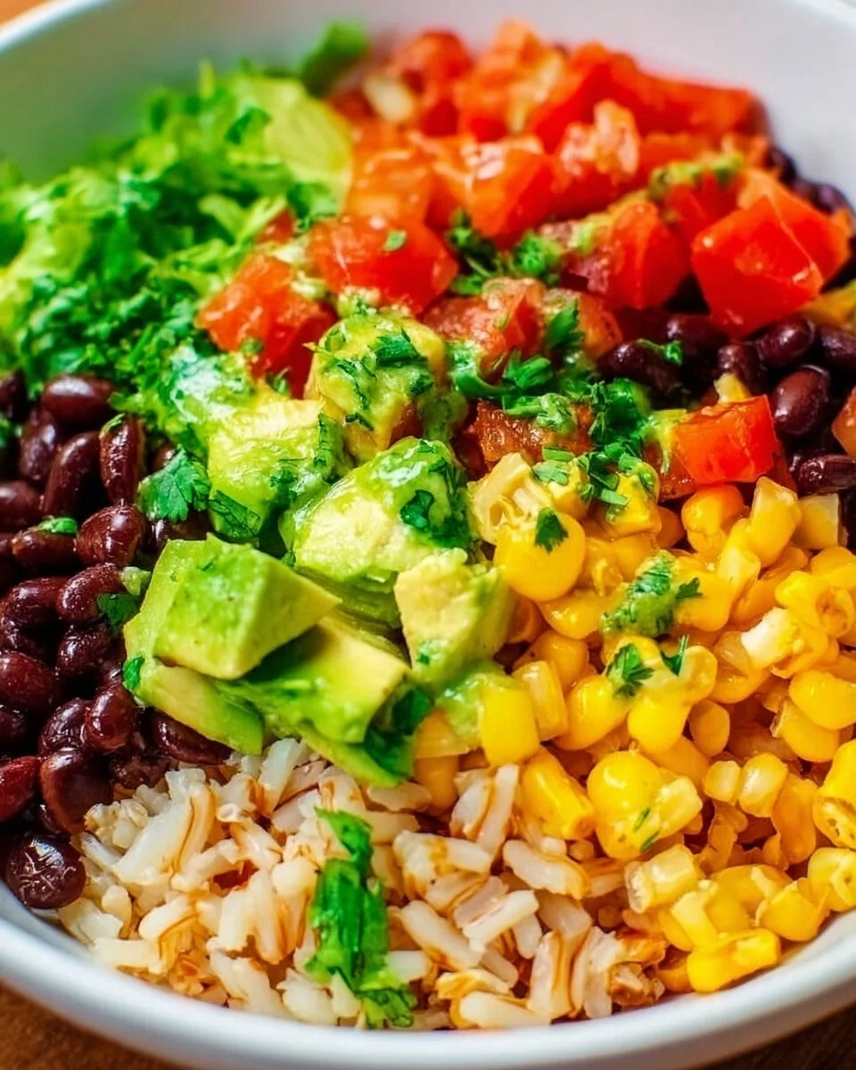 Colorful vegetarian burrito bowl salad with fresh ingredients and vibrant toppings.
